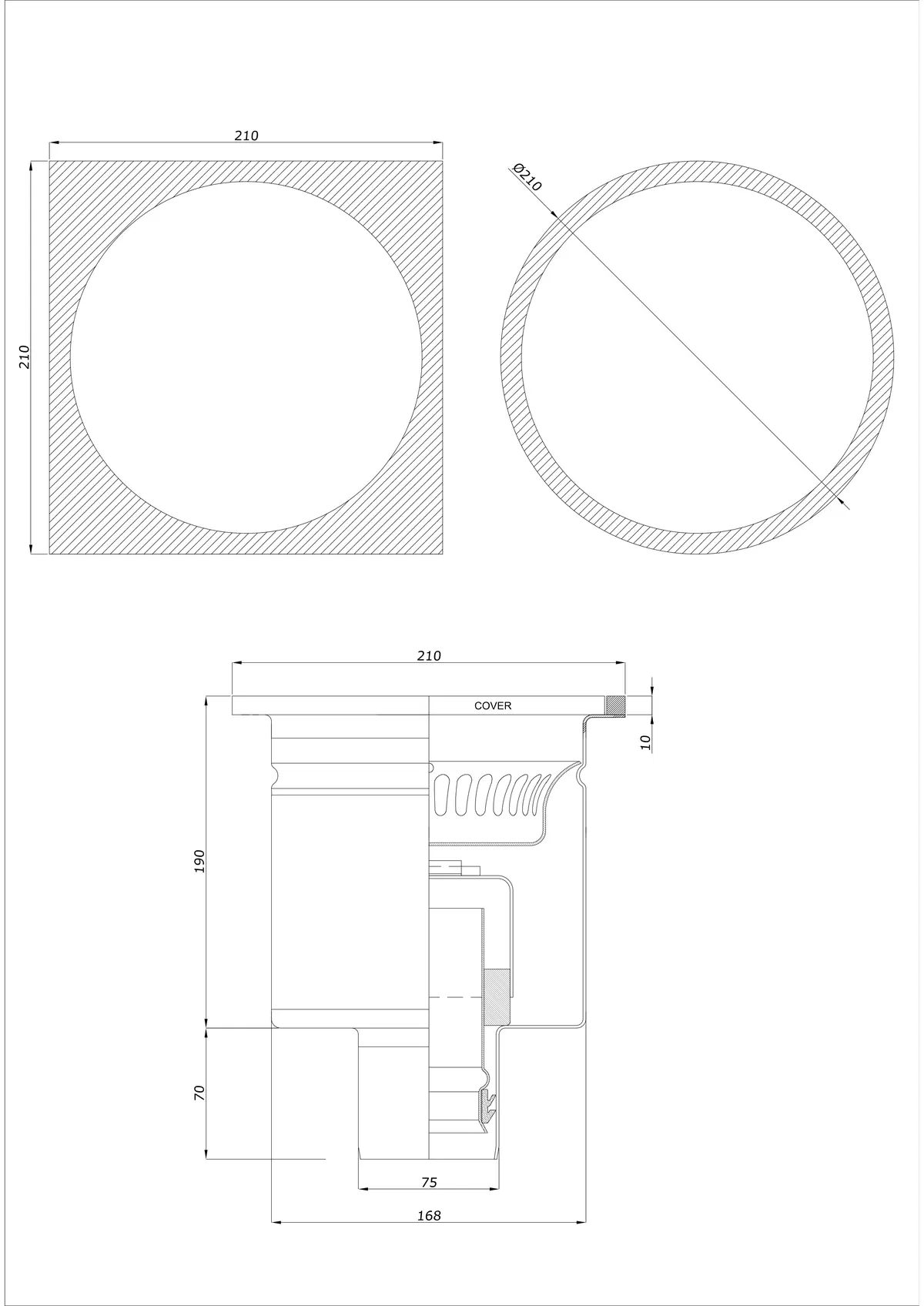 Yer Süzgeci BK_KRDO 210/210x210 DN 75 - Tek Parça Dikey - Yuvarlak/Kare Versiyon