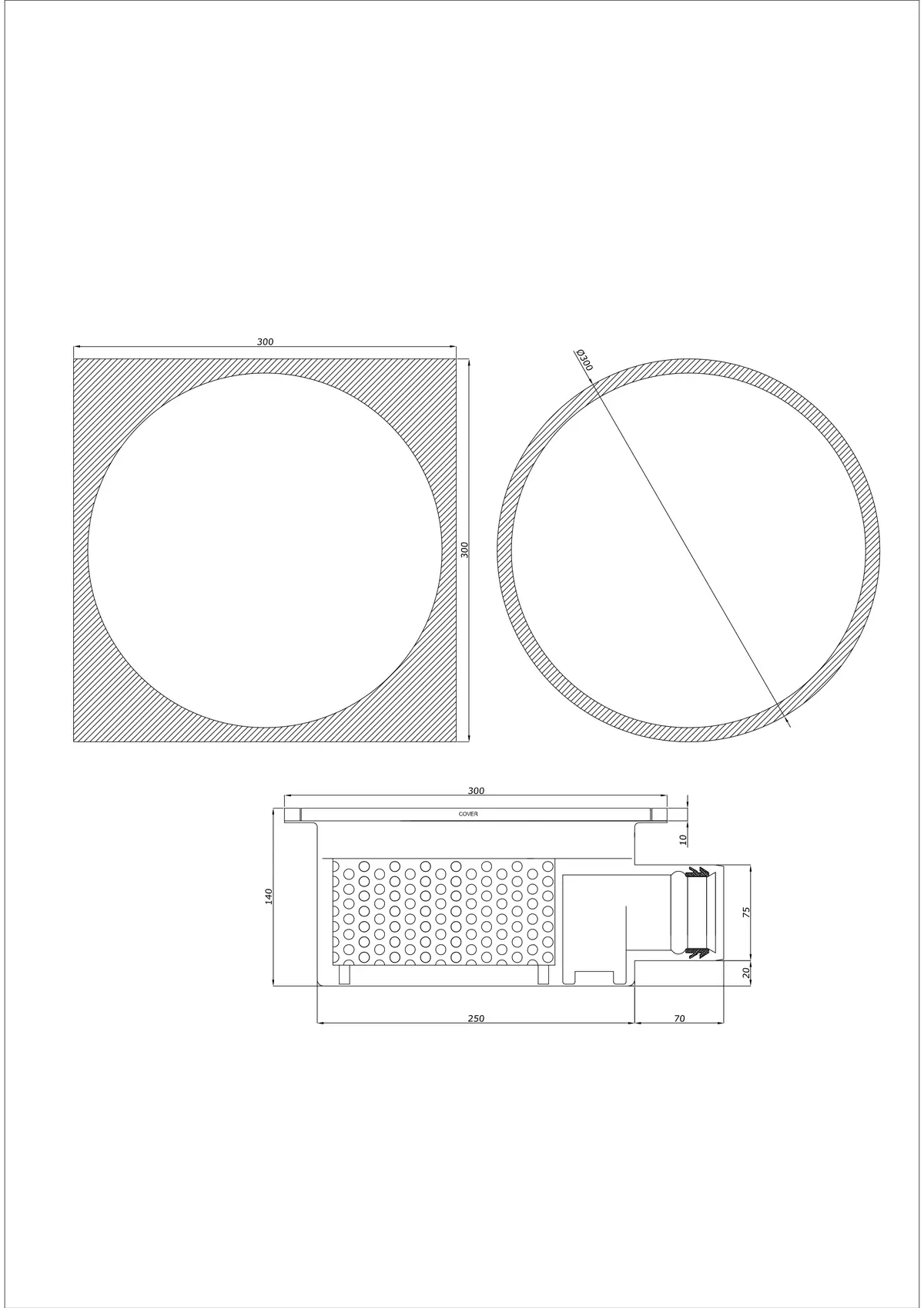 Yer Süzgeci BK_KRBO 300/ 300x300 DN 75 - Tek Parça Yatay - Yuvarlak/Kare Versiyon