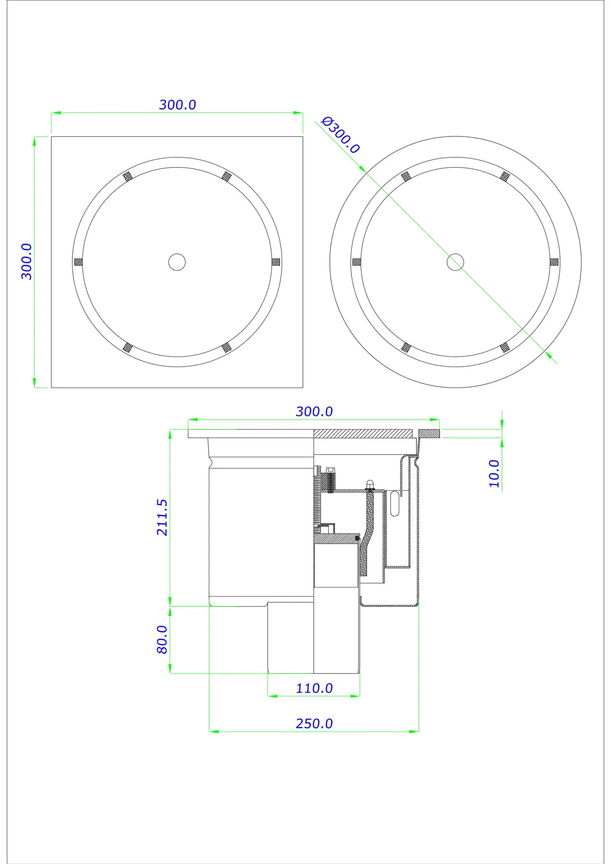 Yer Süzgeci BK_KROD 300/300x300 DN 110 Kilitlenebilir Sifonlu (Allen Anahtar) - Tek Parça Dikey