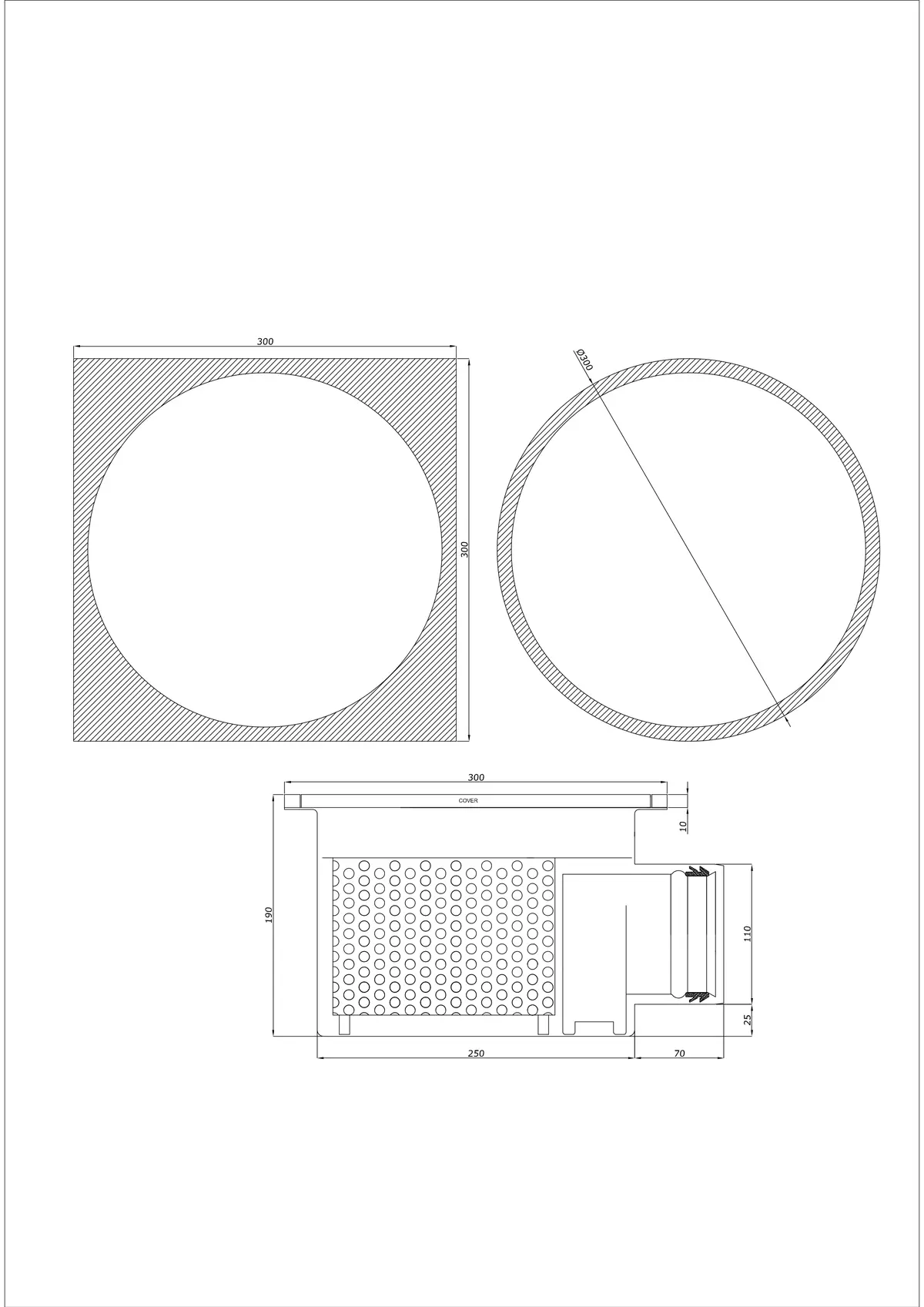 Yer Süzgeci BK_KRBO 300/ 300x300 DN 110 - Tek Parça Yatay - Yuvarlak/Kare Versiyon