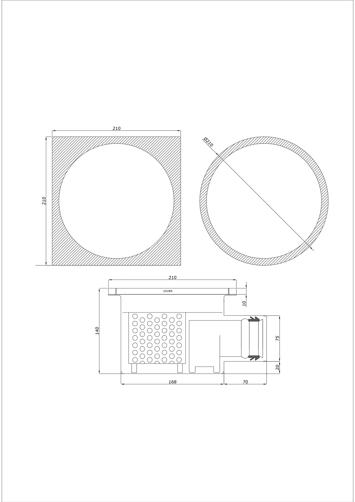 Yer Süzgeci BK_KRBO 210/ 210x210 DN 75 - Tek Parça Yatay - Yuvarlak/Kare Versiyon