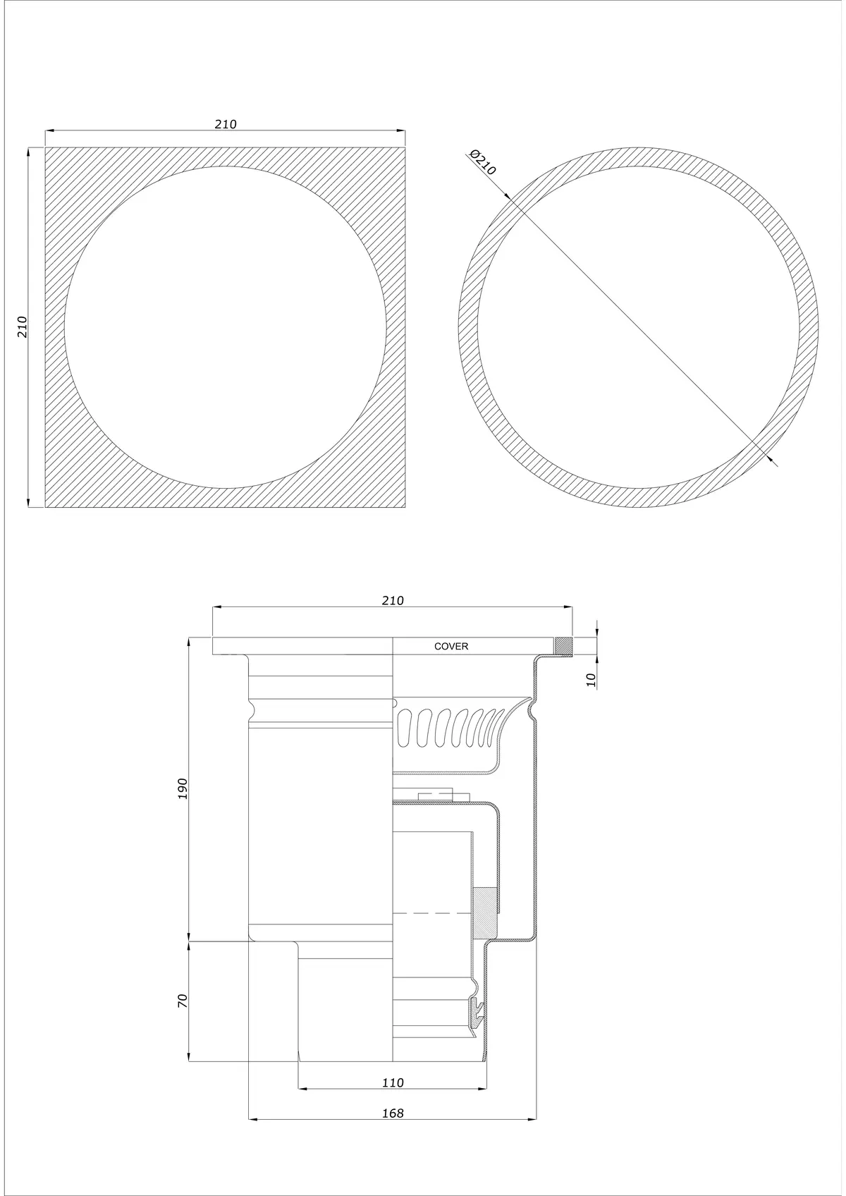 Yer Süzgeci BK_KRDO 210/210x210 DN 110 - Tek Parça Dikey - Yuvarlak/Kare Versiyon