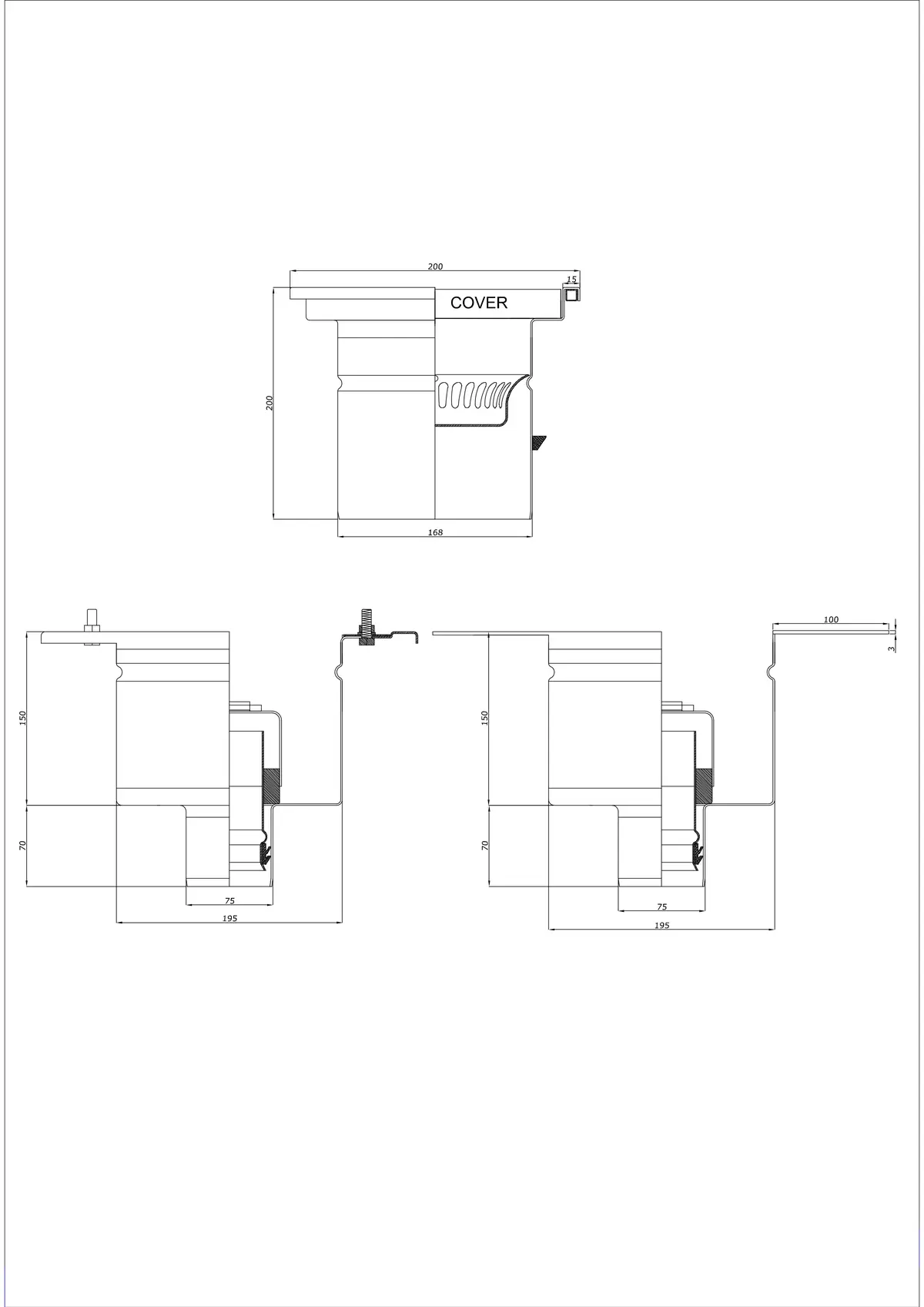 Yer Sifonu BK_KRD 200x200 DN 75 - İki Parçalı Dikey
